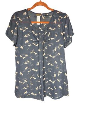 Navy Short Sleeve Blouse with Cream Horse Motif size M